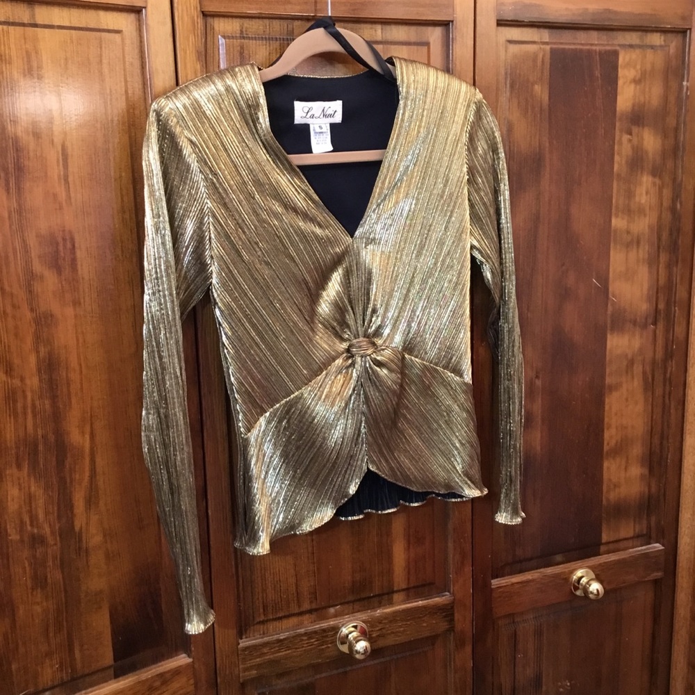 La Nuit dressy gold blouse, size S, pleated foil, liner, medium pad